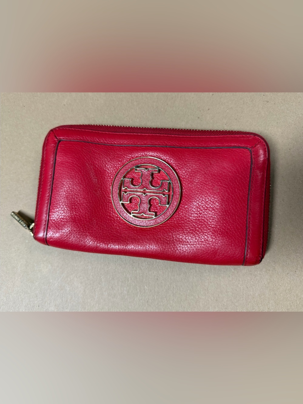 Tory Burch Red Pebbled Leather Logo Zip Clutch